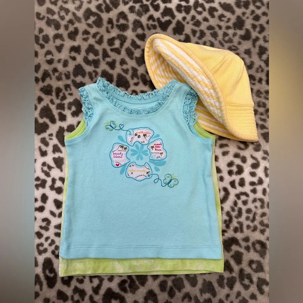 Carter’s & Sonoma Graphic Tank Tops & Hat Bundle in Blue Green Yellow 12 Months